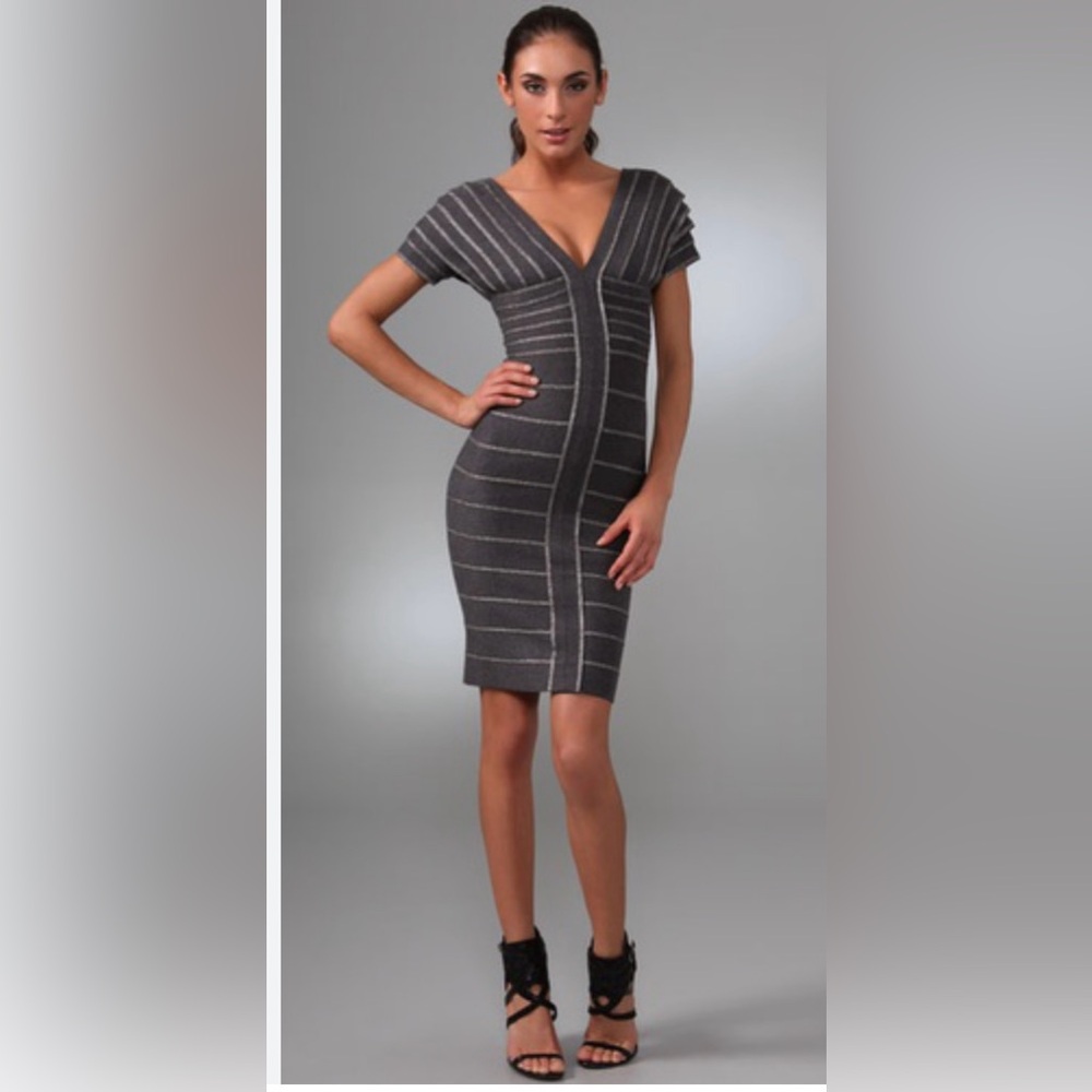 Alice&Olivia wool/cotton black, gold stitch stripe bandage dress- Like new Sz L